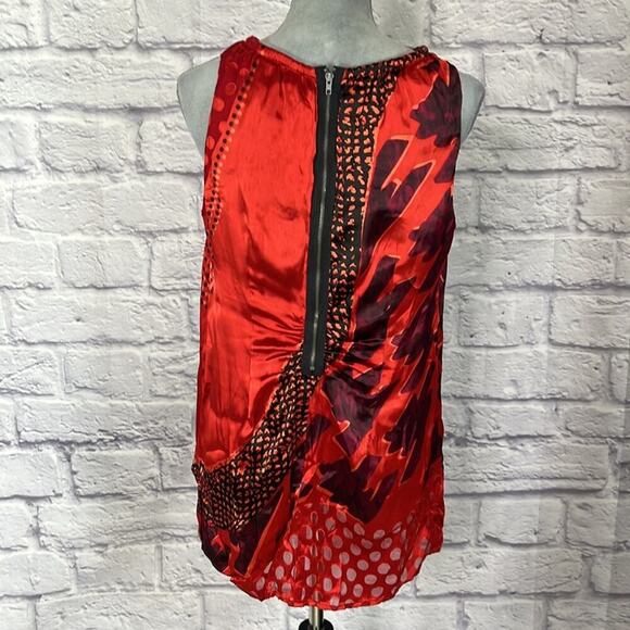 CAbi Red and Black Patchwork Silk Blend Burnout Top - Picture 4 of 10